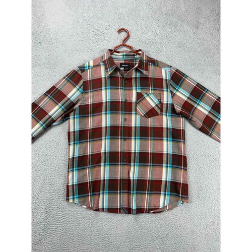 Marmot Shirt Adult Large Maroon Blue Plaid Button Up Long Sleeve Pocket Logo Men - Picture 2 of 13