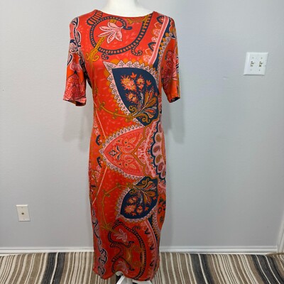 farm rio giannina knit midi dress Farm Rio Anthropologie Giannina Knit Midi Dress Printed Orange Zip Size  Large