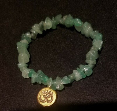 Reiki SuperCharged Green Aventurine Crystal Chip Stretchy Bracelet + Gold OM AUM