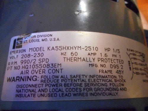 Emerson model KA55HXHYM-2510 1/5Hp 208/230 rpm990/2spd HZ60 AMP 1.6 PH 1