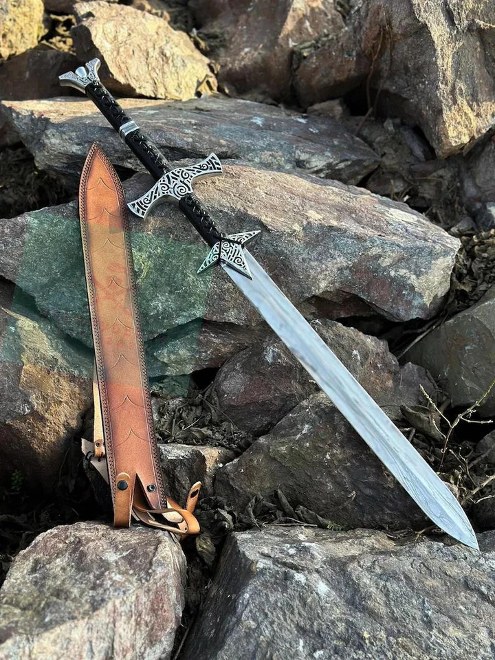 Réplica de espada Skyrim duas mãos Dragonborn Elder Scroll pronto para batalha borda dupla - Imagem 3 de 4