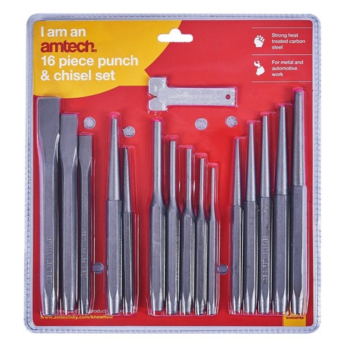 AMTECH 16pz SET PUNZONI E SCALPELLI MECCANICI IN ACCIAIO TEMPRATO TRATTATO TERMICAMENTE - Foto 2 di 3