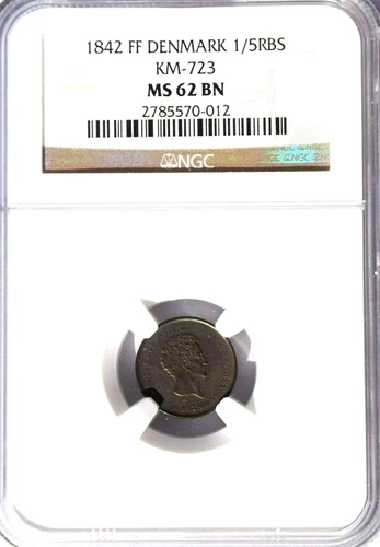 1842 FF Denmark 1/5 Rigesbankskilling, NGC MS 62, KM-723