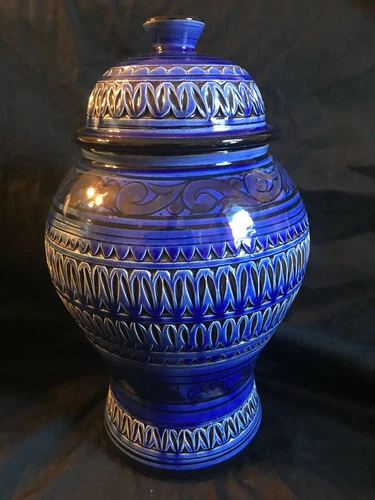 BLUE GINGER JAR & LID ~ HANDCRAFTED IN MOROCCO FOR WORLD MARKET ~ 12" TALL Opens in a new window or tab