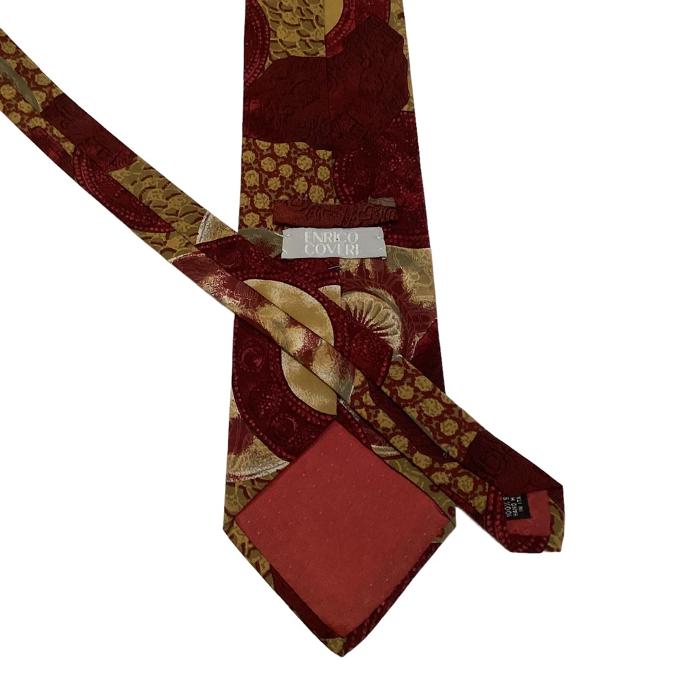 ENRICO COVERI мужской шелковый галстук Италии дизайнерский геометрический бордовый/зеленый EUC редкая - Изображение 3 из 3