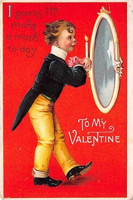 Signed Clapsaddle c. 1910 St. Valentine's, Young Boy Getting Ready in Mirror