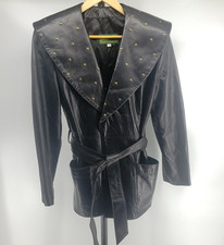Danier Leather Jacket Size S Black Studded Coat Tie Waist Large Collar Statement