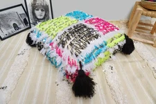 Handmade Moroccan Wedding Blanket Pouf: Berber Tassel Floor Pillow 03YL0495