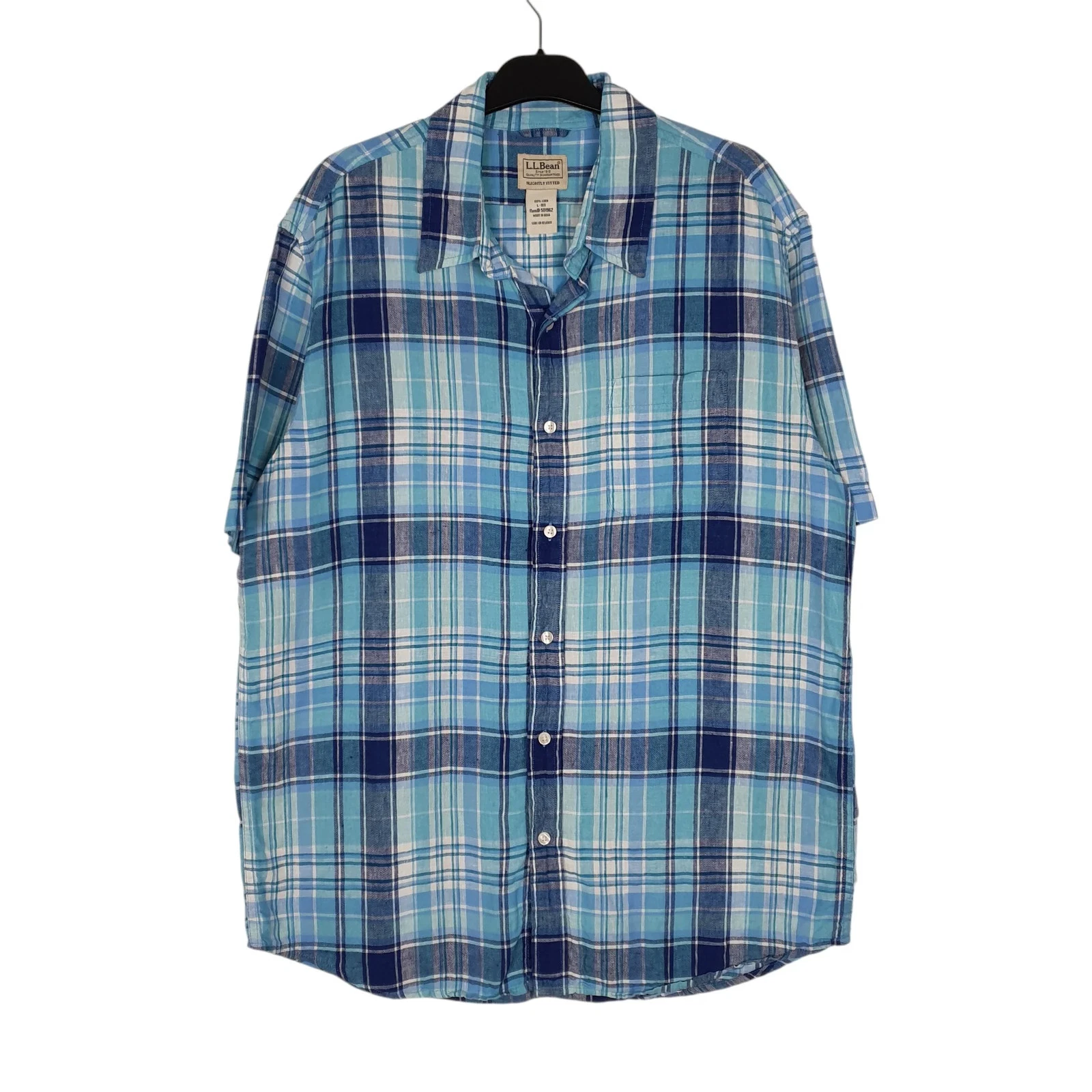 L.L.BEAN Blue Check Shirt Short Sleeve Casual Linen Mens L