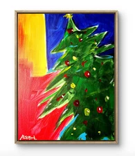 Original Art Pine Tree 14x11 Colorful Modern Art Christmas Painting on Canvas