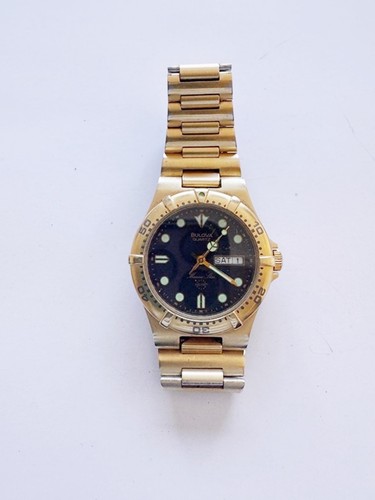 Bulova Marine Star Men's Gold Tone Dive Watch Black Dial Day Date 36mm Working