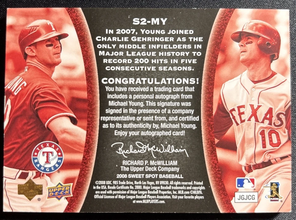 Camiseta Sweet Spot Signatures 2008 Michael Young Bat automático #10/24 # 1/1 Rangers Foto 2 de 2
