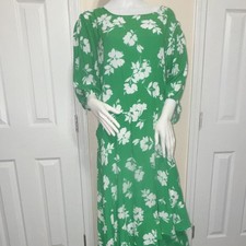 Green White Floral Round Neck 3/4 Sleeve Midi Tie Dress Women Regular Size