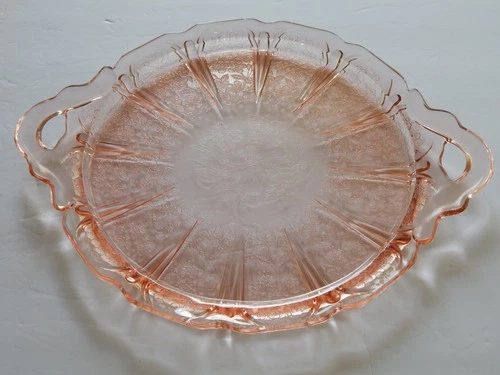 Vintage Pink Depression Glass Handled Platter Jeanette Cherry Blossom Pattern
