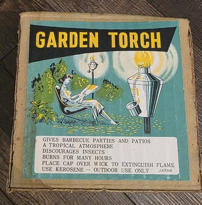 Vintage Mid Century Garden Torches Tiki Torches Metal with Wood Stands MCM NEW 