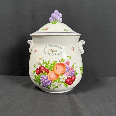 #ad Lenox Orchard Sugar Canister Porcelain Fruit Floral Grape Finial 1993 Vintage $59.95
