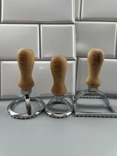 Square And Two RoundAluminum Ravioli Maker Cutter Stamp w Wood Handle. Set Of 3