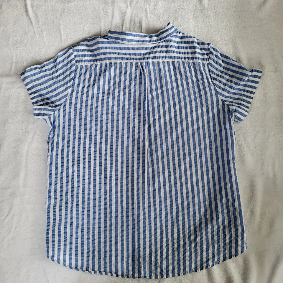 Camisa Seersucker L.L.Bean Mujer Manga Corta Azul Blanco Rayas Talla Grande Foto 2 de 4