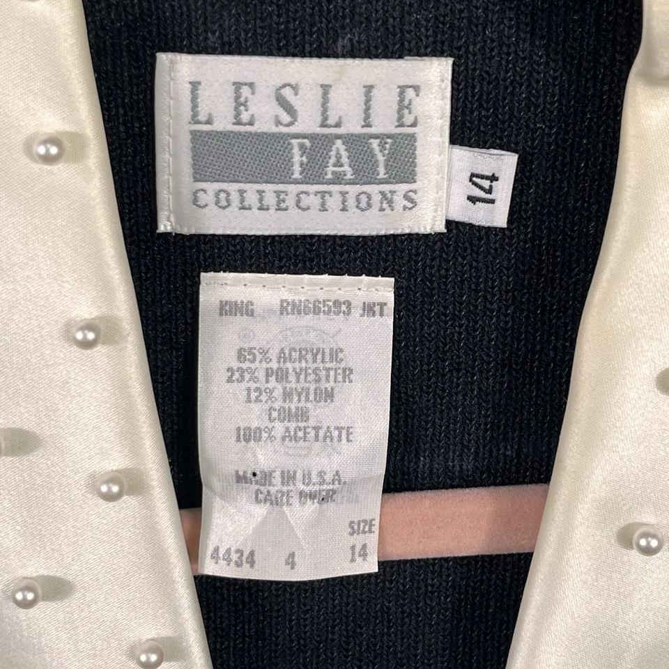 Blazer tejido Leslie Fay vintage talla 14 negro marfil perla cuello satinado EE. UU. Foto 4 de 4