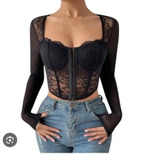Black Lace Long Sleeve Sheer Mesh Top Women  s Small