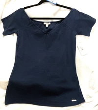H Halston Short Sleeve V-Neck Ribbed Stretch Navy Blue Top Large NWT MSRP: $59