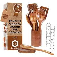 Wooden Spoons for Cooking Utensils Set - 9 Pcs Natural Teak Wooden Kitchen Ut...