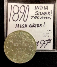 1890 India Silver! Type A Obv. High Grade. ENN Coins