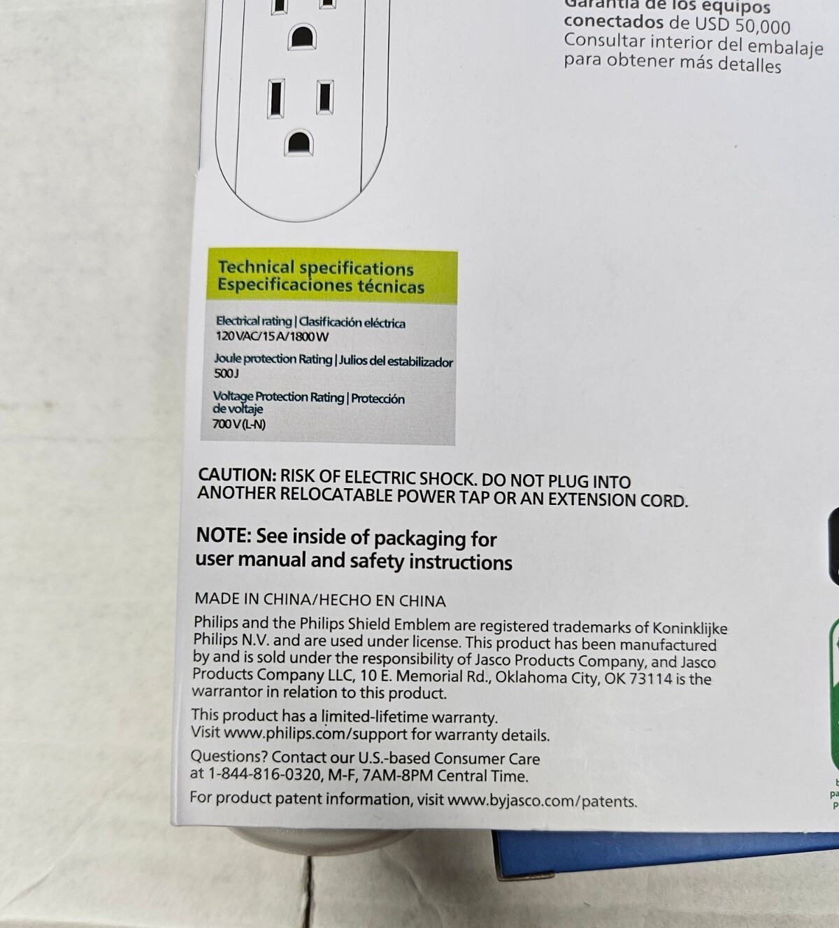 Phillips 6 Foot 6 Outlet Power Strip Braided Cord Gray/White