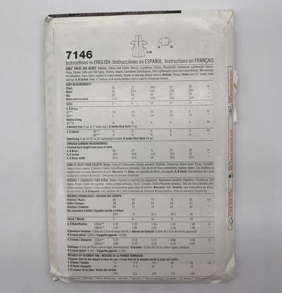 Simplicity Sewing Pattern 7146 Childrens Dress Jacket Sizes 7 8 10 12 14 Uncut - Image 2 of 4