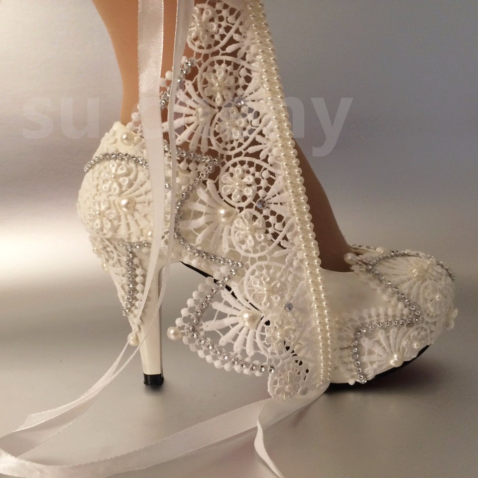 Su.cheny 3"4" White Ivory Satin Lace Peep Toe Ribbon Anklet Wedding Bridal Shoes