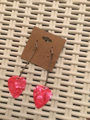 Hot pink guitar pic pierced dangle earrings - Picture 2 of 10