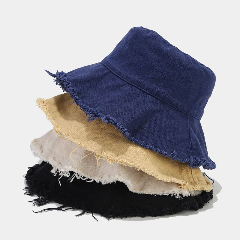 Women Washed Denim Frayed Bucket Hat Outdoor Summer Beach  display picture 2