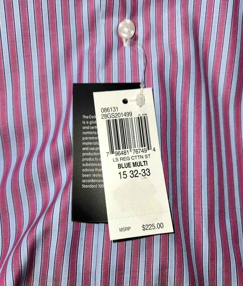 Camisa Ike Behar Etiqueta Dorada Talla 15 LS 32/33 Rosa Azul Rayas Algodón Nueva con Etiquetas $225 Foto 4 de 4