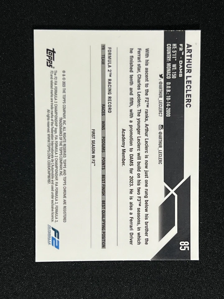 2023 Topps Chrome Formula 1 ARTHUR LECLERC AQUA WAVE REFRACTOR 137/150 #85 - Image 2 of 2