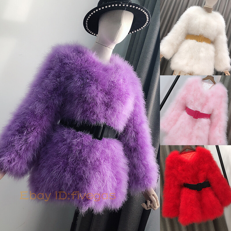 Women 100% Real Ostrich Feather Fur Mid Long Trench Coat Winter