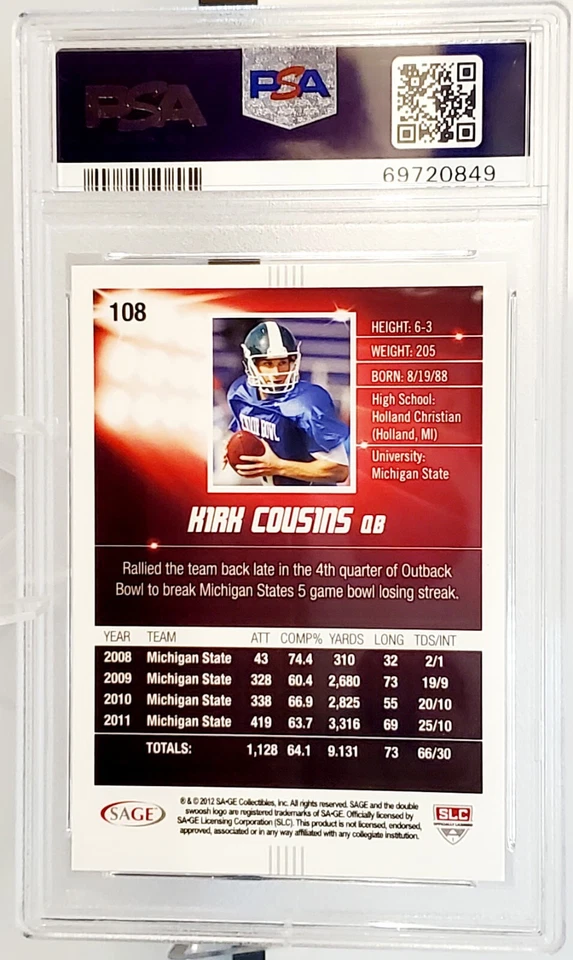 2012 SA-GE Hit Kirk Cousins #108 PSA 10 GEM MINT RC ROOKIE - Image 2 of 2