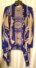 Women's Knit Cardigan Blue Gray Fringe Edges Aztec BOHO Open Front Size Small