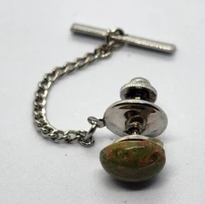 Vintage Tie Tack / Tie Pin Silver Tone Cabochon Green Unakite Stone Healing