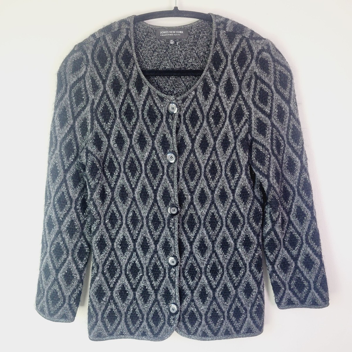 Jones New York Black Gray Diamond Mohair Button Up Cardigan Jones New York Black Gray Diamond Mohair Button Up Cardigan