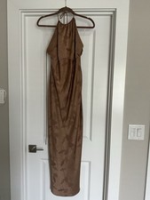 Target Light Brown High Neck Open Back Satin Floral Maxi Dress