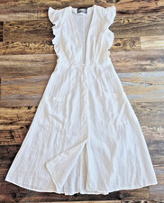 Reformation 100 Linen Ruffle Deep V-Neck Midi Dress Button-Front Pocket Size 6
