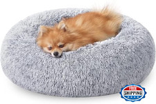 JOLLYVOGUE 20" Round Donut Calming Pet Bed Small Cat Dog Faux Fur Anti-Slip