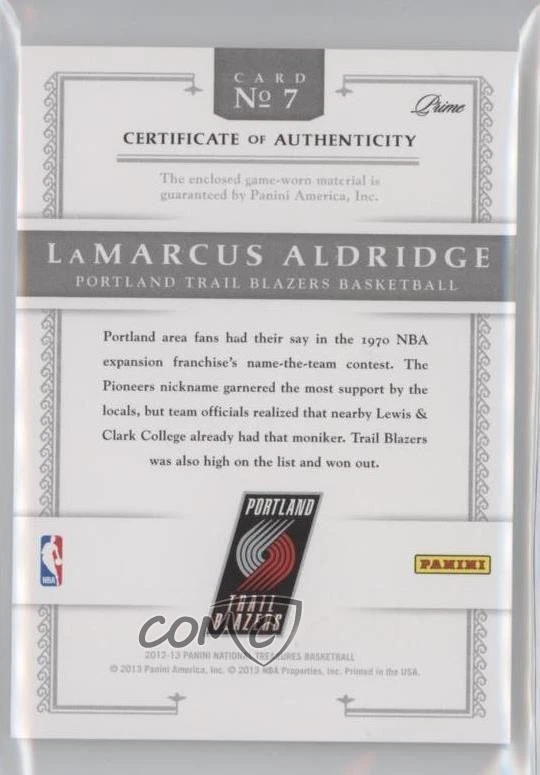 2012-13 Panini National Treasures Prime /25 LaMarcus Aldridge #7 - Image 2 of 2
