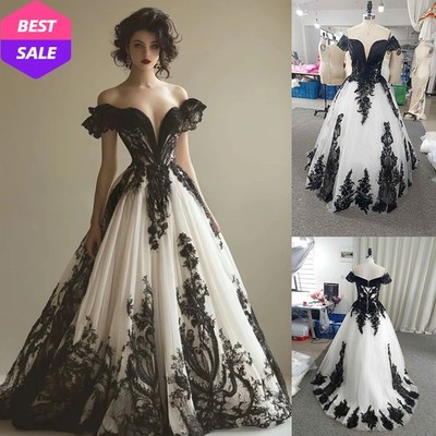 Elegant Victorian A-line Black+White Prom Dress Strapless Applique Medieval