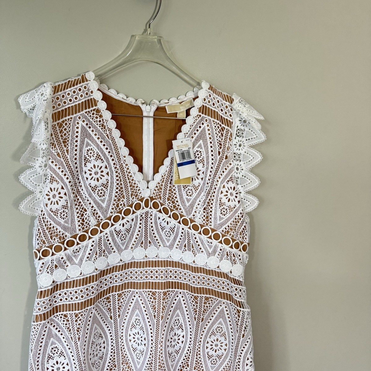 Michael Kors Medallion Lace Midi Dress Size XL Crochet Eye lit White Tan New