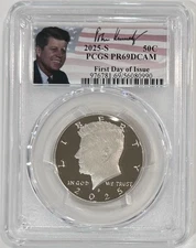 2025 S Proof Clad Kennedy Half Dollar PCGS PR69DCAM FDOI, Signed Portrait Label