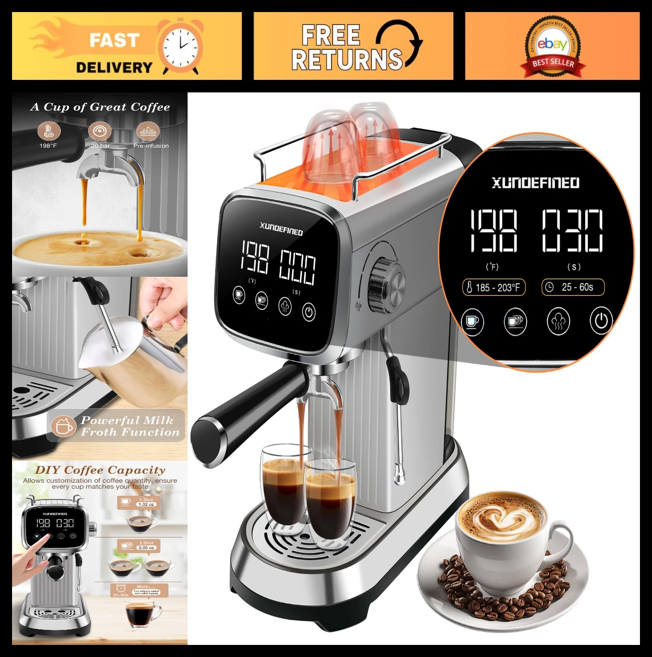20 Bar Espresso Machine with LED Touchscreen, Adjustable Temp & Milk Frother - C