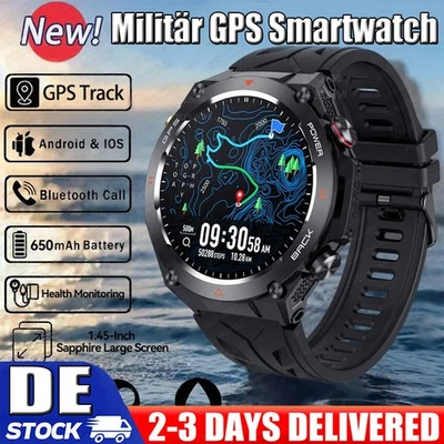 MARKENLOS Militär Smartwatch Herren GPS mit Telefonfunktion Kompass Uhr für Android iOS