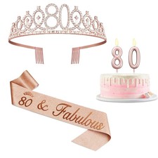 80th Birthday Decoration for Women with Rose Gold Sash, Tiara,Numbers Candles