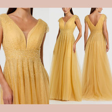 NWT Mac Duggal [ 8 ] 37018 Embellished Cap Sleeve V Neck Tulle Gown Gold #S2016